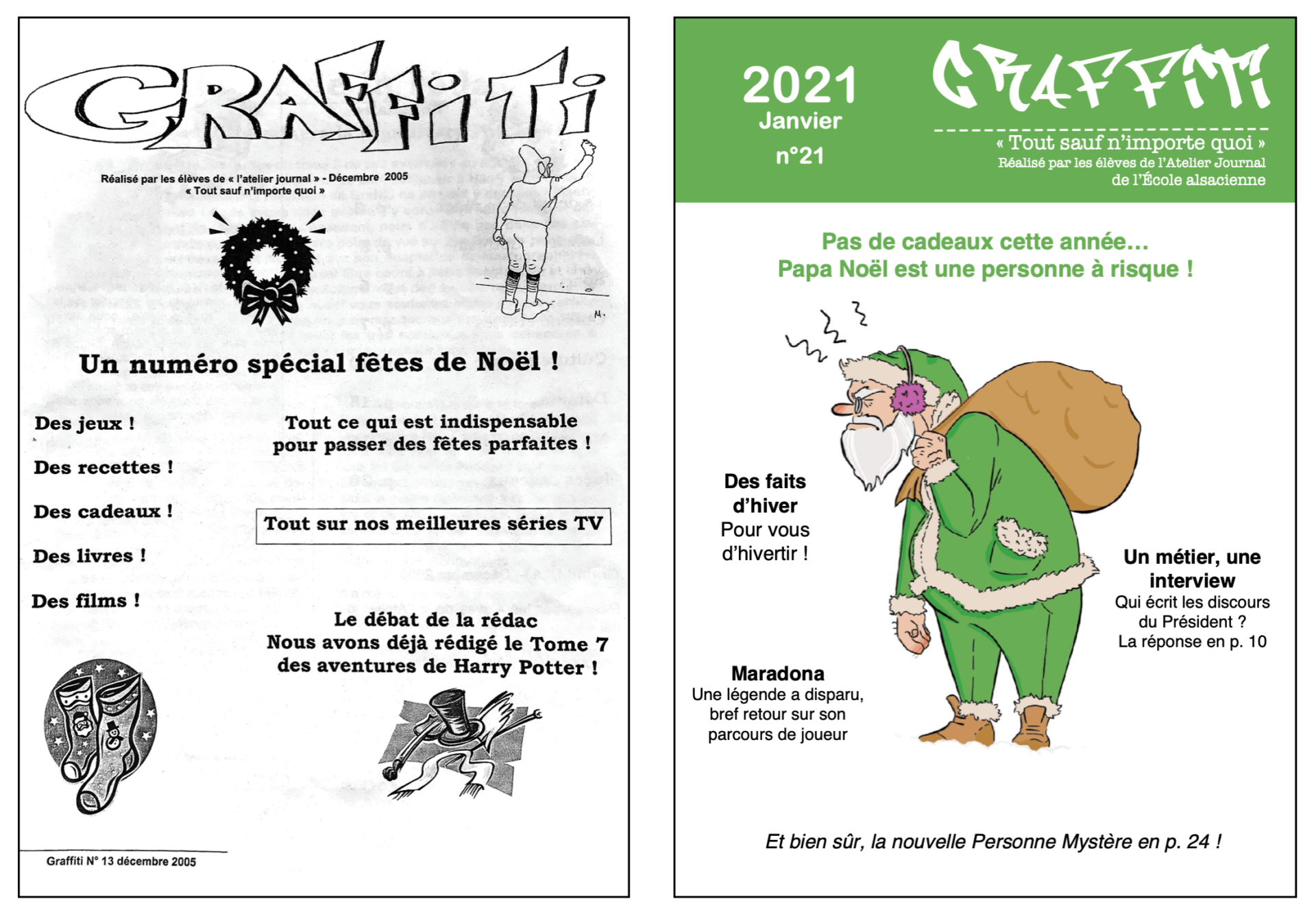À gauche, la une de Graffiti en 2005, à droite, la une de Graffiti en 2021
